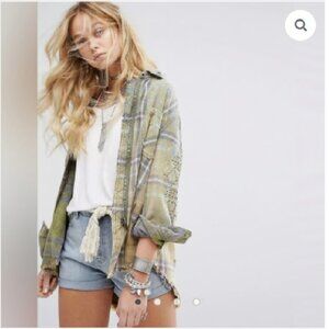 Free People Distressed Zip Up Plaid Jacket, Green
